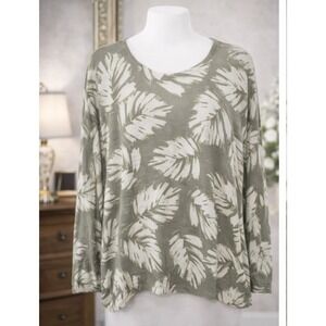 J. Jill‎ Pullover Knit Sweater Green Cream Tropical Palm Print Linen Modal 2X